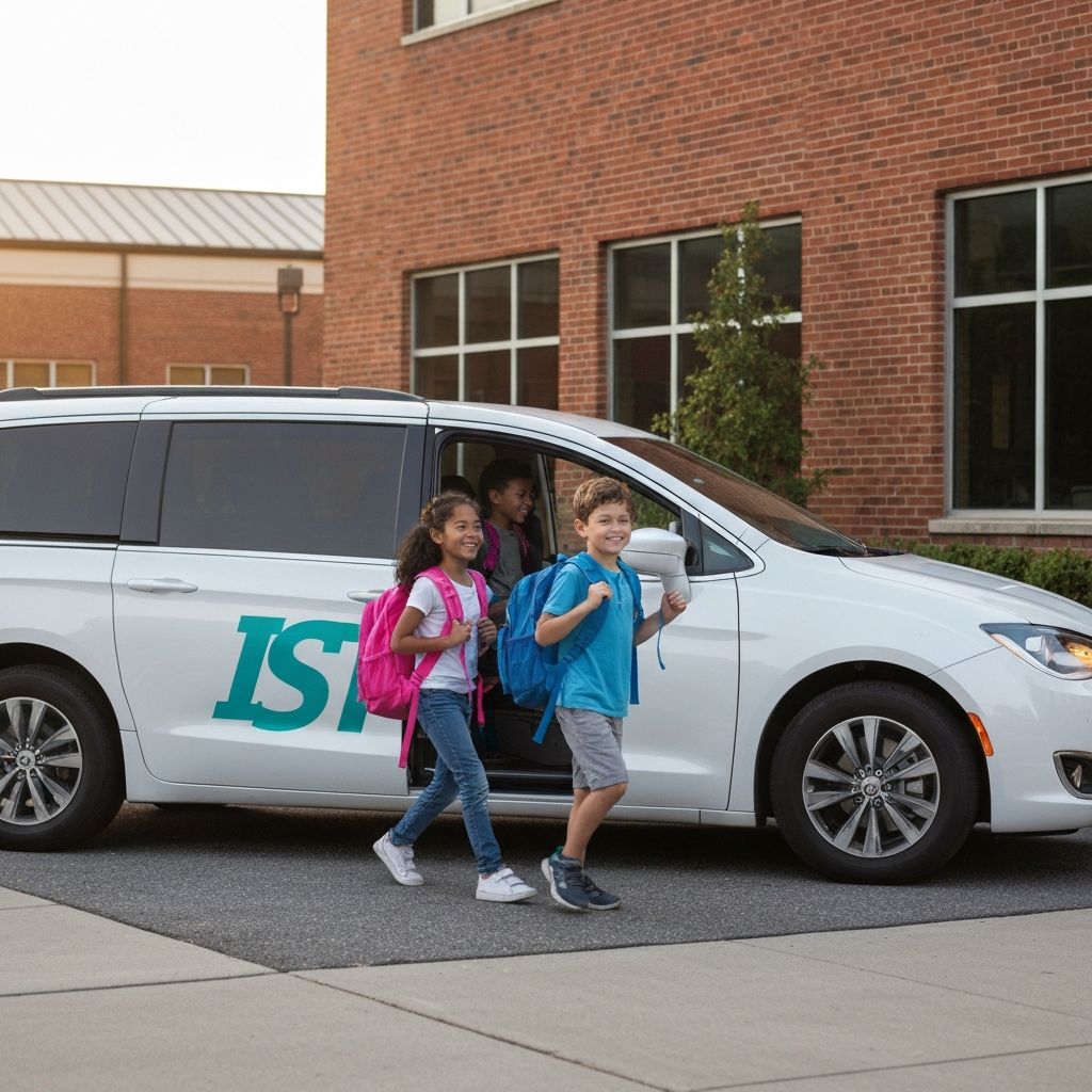 Students getting off school van and walking to school